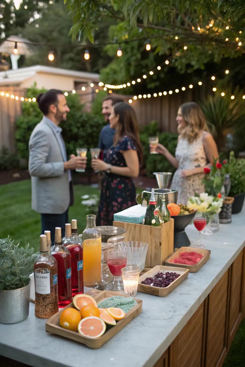 A DIY cocktail bar lets guests craft their own drinks and adds a personal touch to the party.