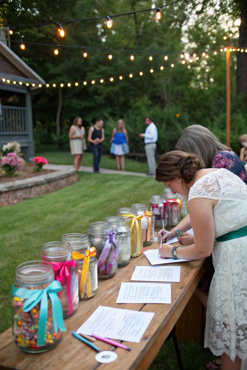 A memory jar activity collects heartfelt messages and stories for the bride.