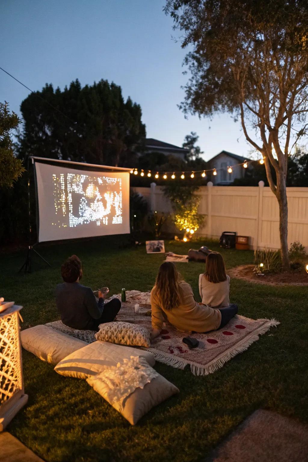 An outdoor movie night creates a relaxed and intimate atmosphere for the bachelorette party.