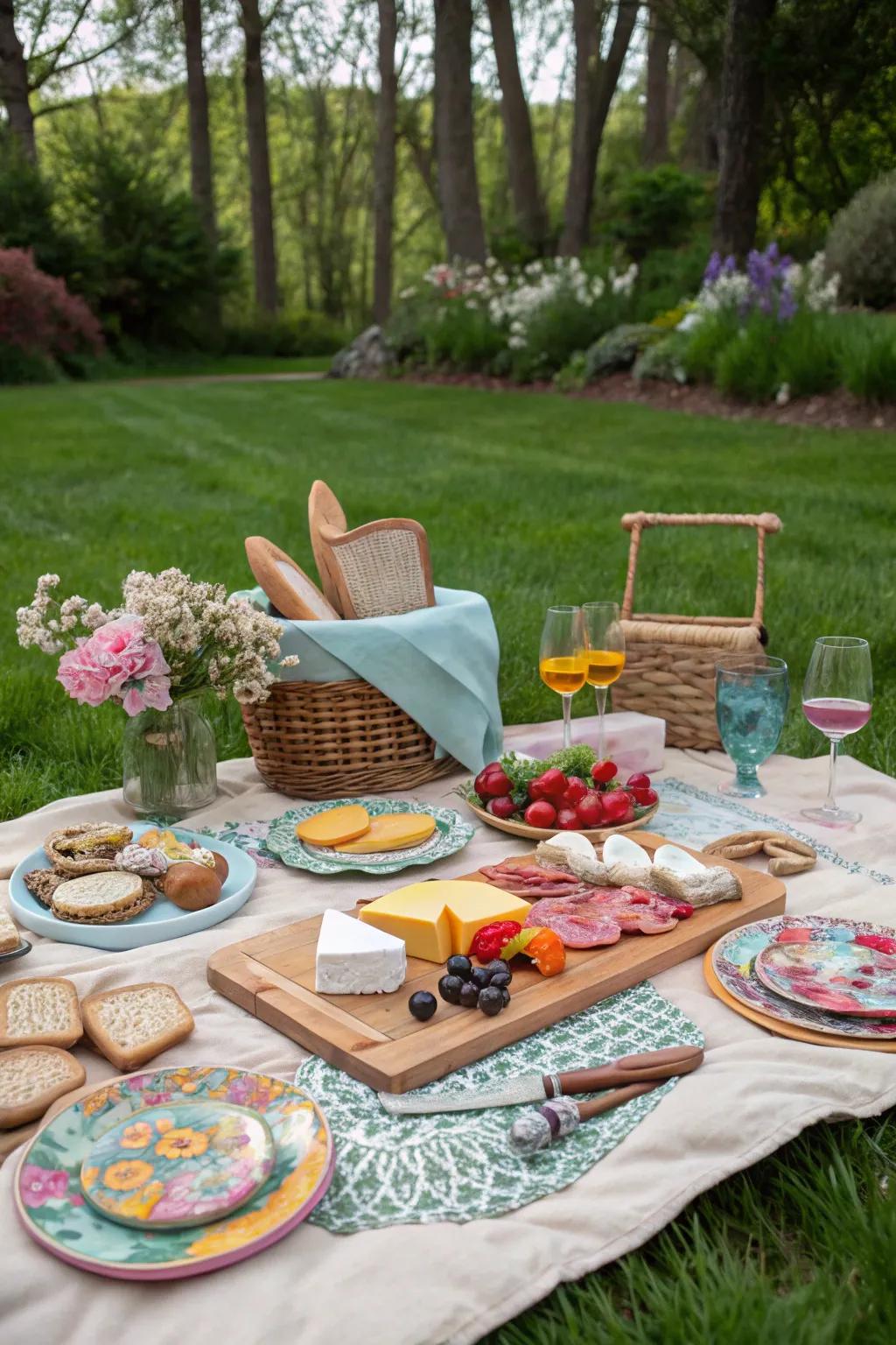 A gourmet picnic spread offers a delicious and visually pleasing feast for guests.