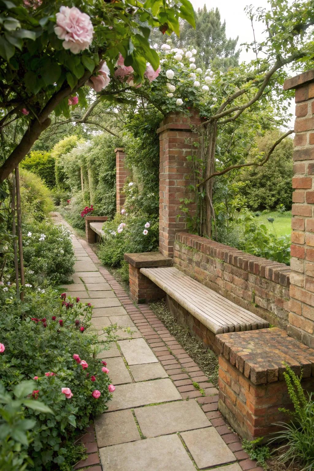 Blend comfort and style with built-in seating against your brick wall.