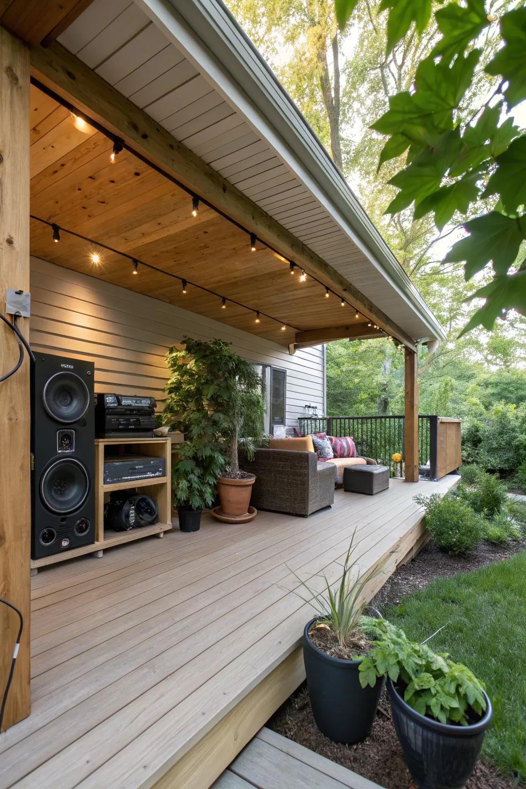 A sound system elevates any under-deck gathering.