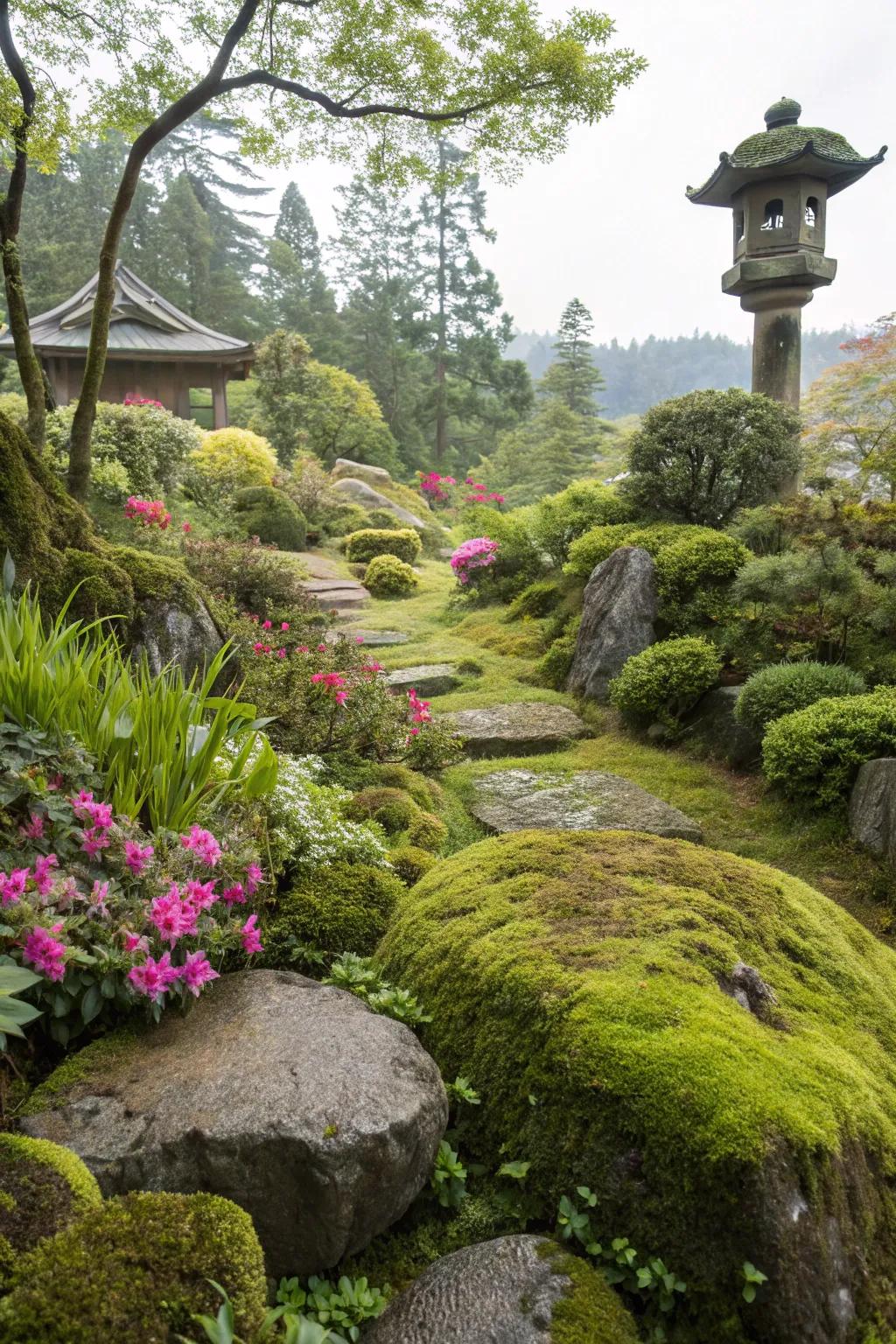 Greenery and moss create a natural, enchanted vibe.