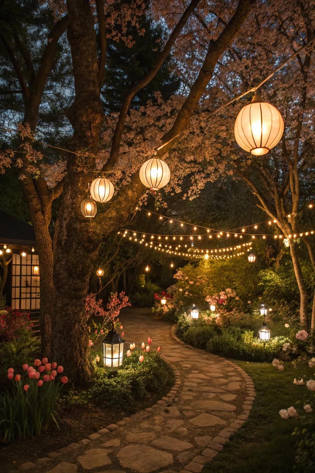Fairy lights cast a soft glow, enchanting the garden at night.