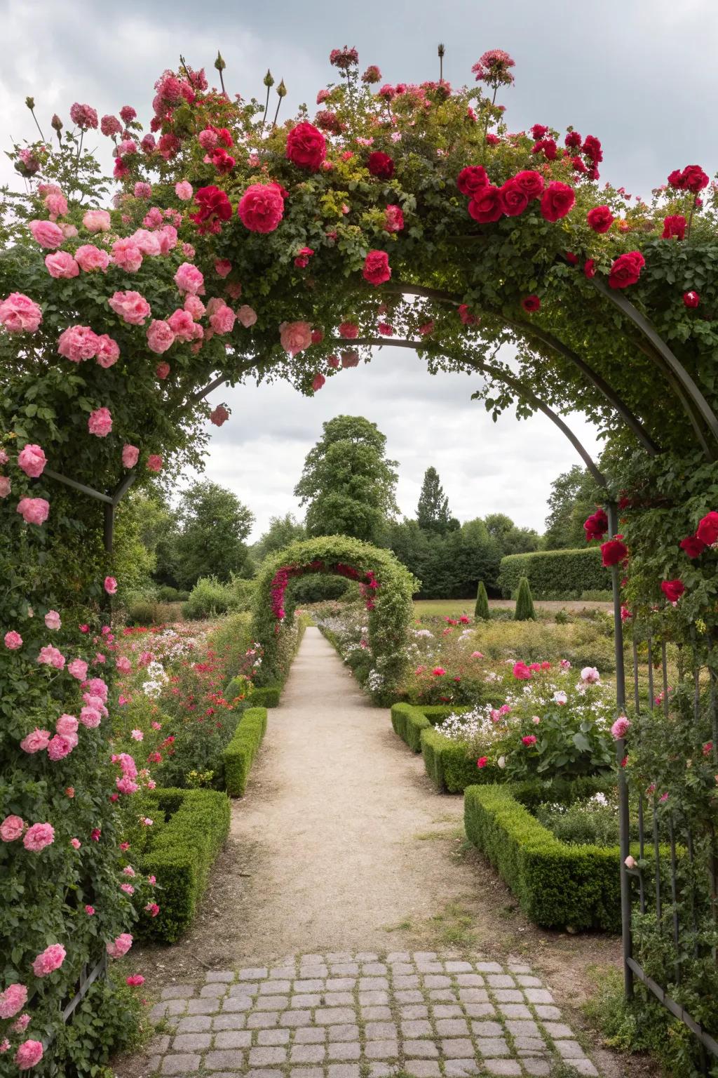 A floral arch invites you into the garden's magic.