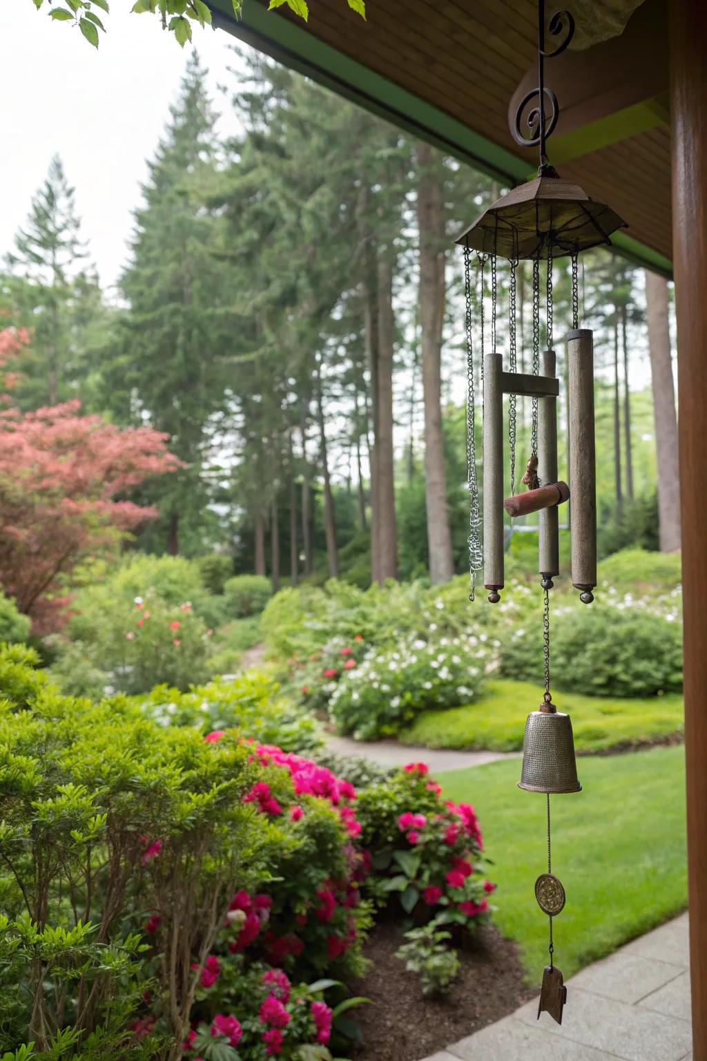 Wind chimes add a melodic touch to the garden's ambiance.
