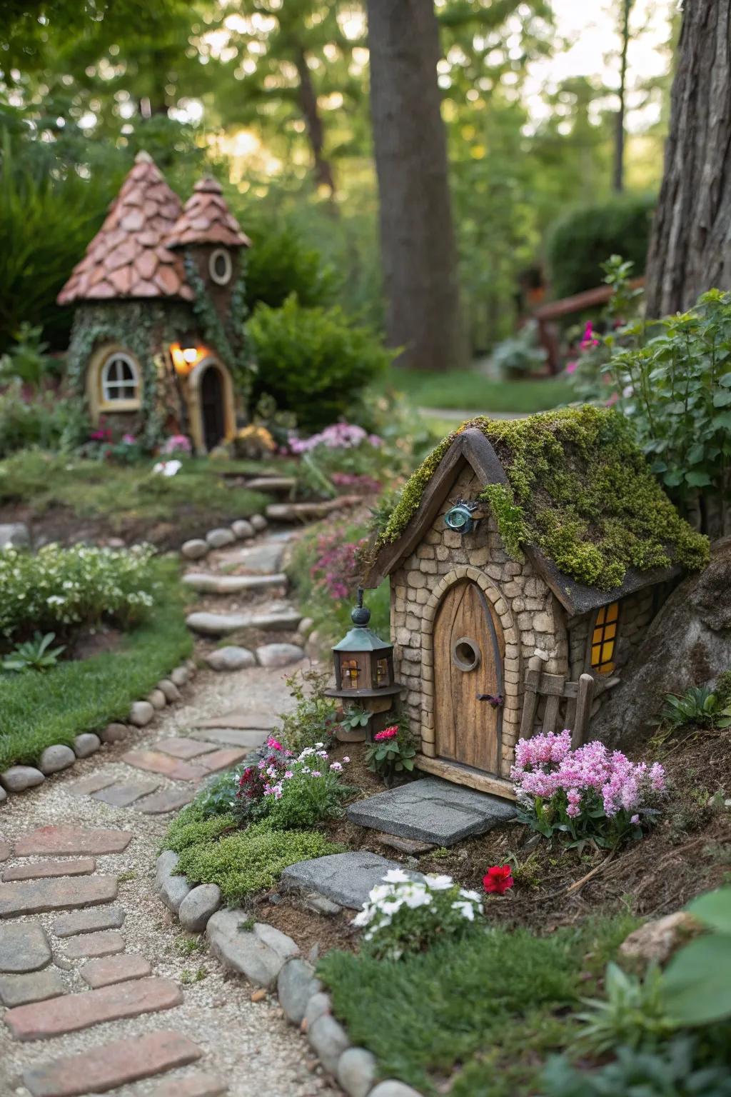 A fairy village adds a touch of magic to the garden floor.