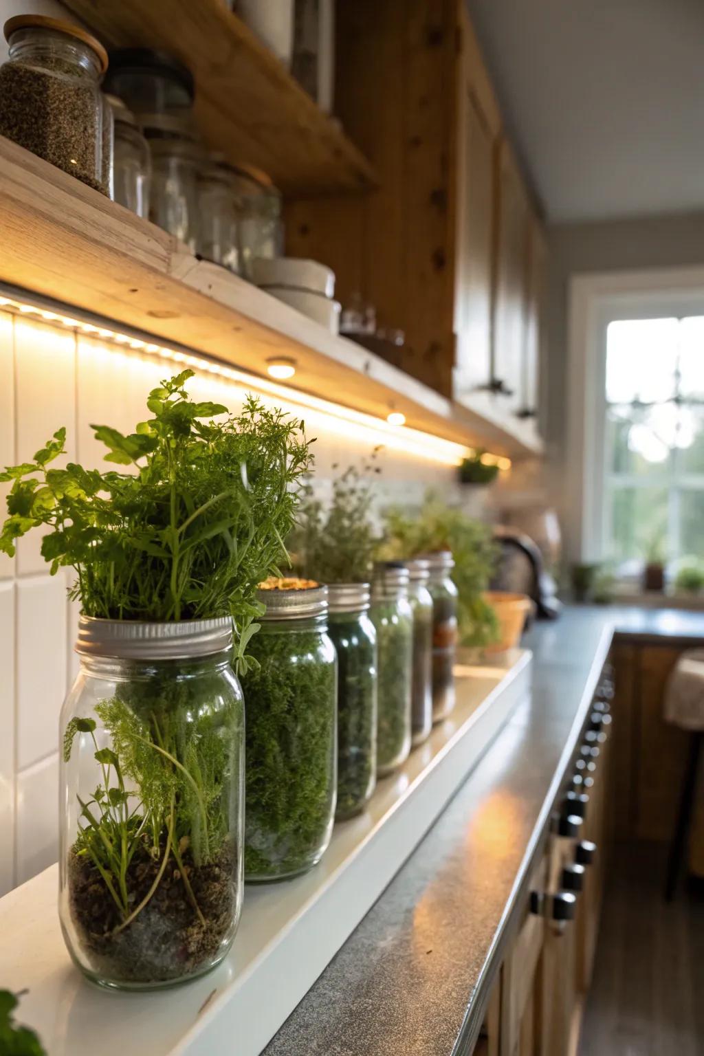 Mason jars offer a simple, space-saving solution.