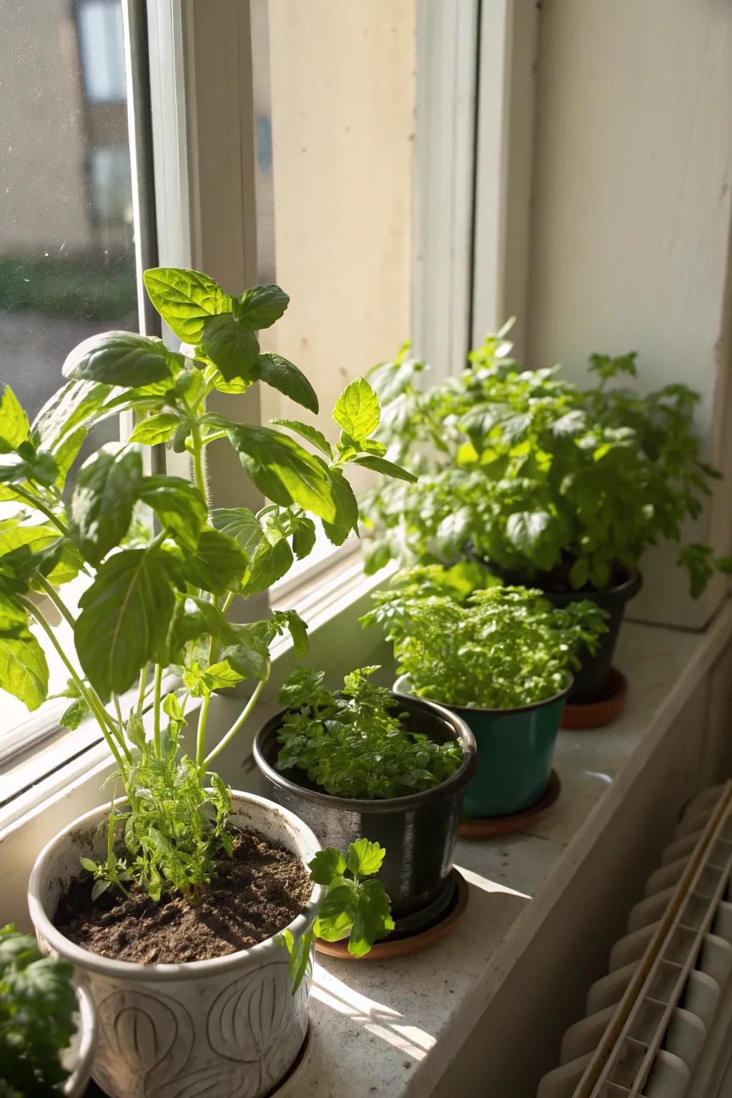 Windowsill planters make the most of natural light.