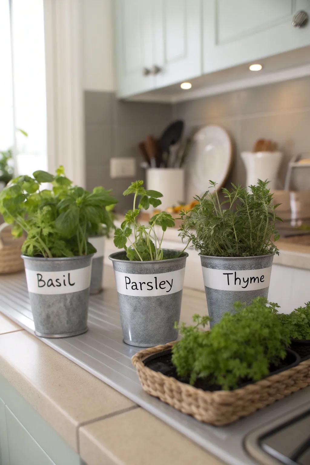 Labeled containers help keep your herb garden organized.