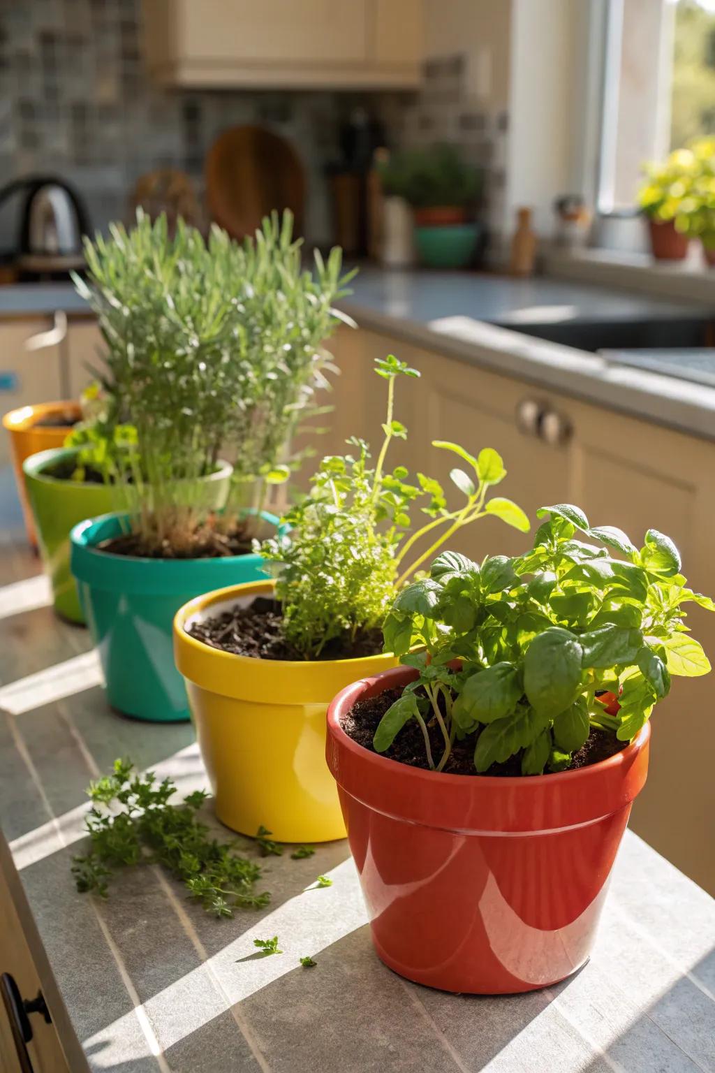 Herbs in colorful pots brighten up any kitchen.