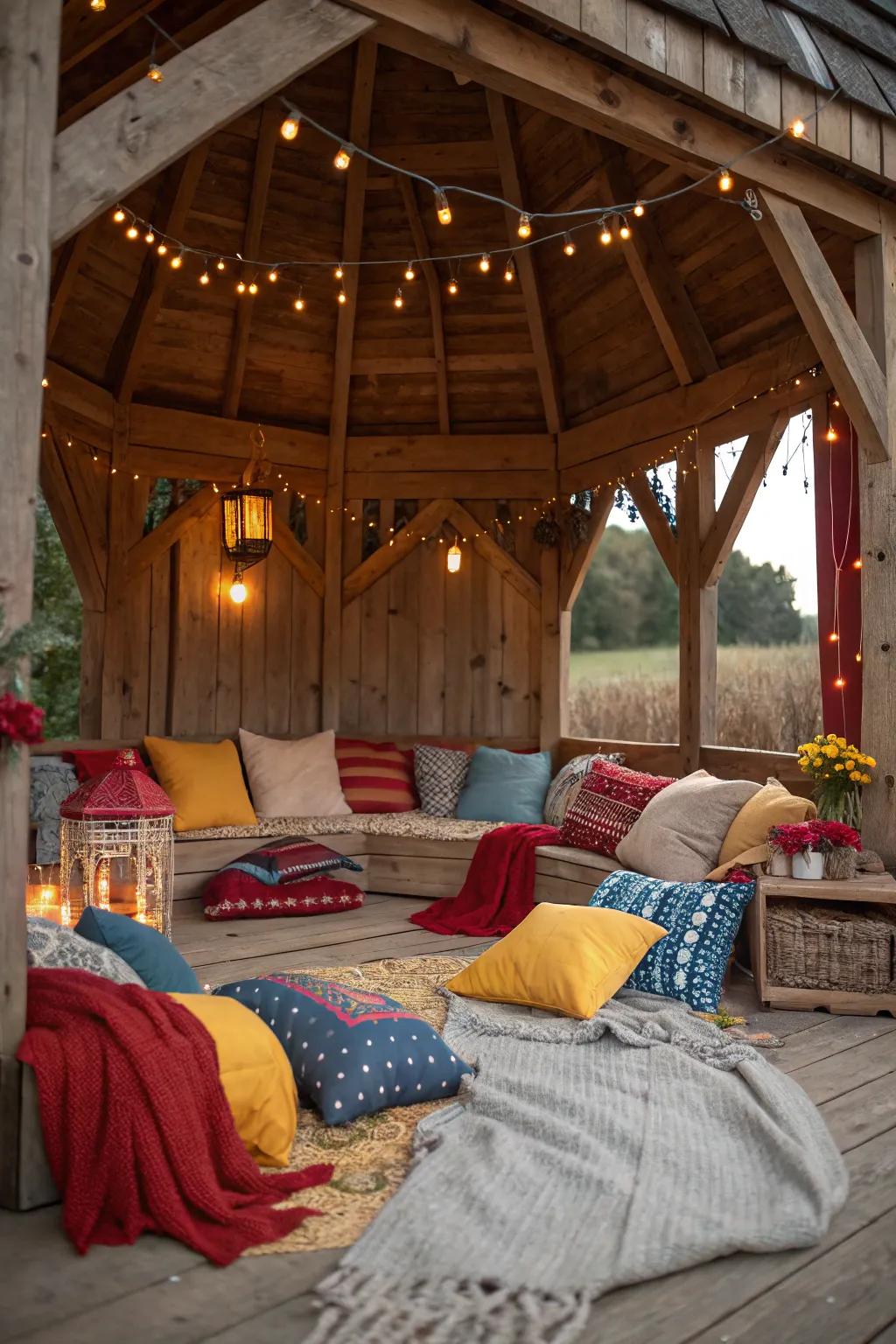 Personalized decor transforms the gazebo into a personal retreat.