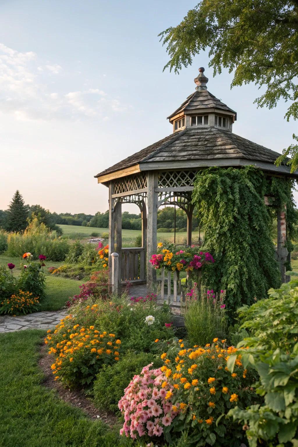 A garden oasis embraces the corn crib gazebo in natural beauty.