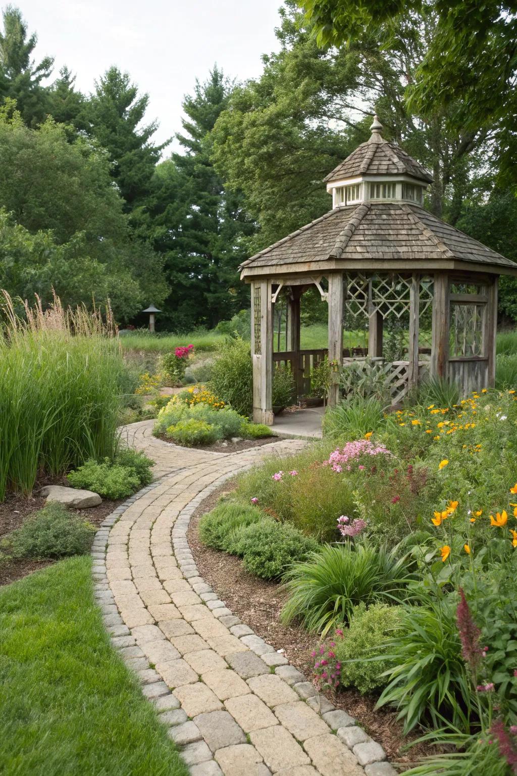 Integrated landscape design enhances the corn crib gazebo's charm.