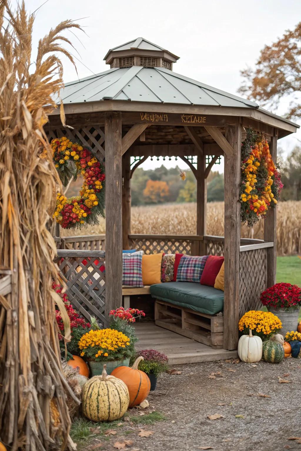 Seasonal decor swaps keep the gazebo fresh and inviting.