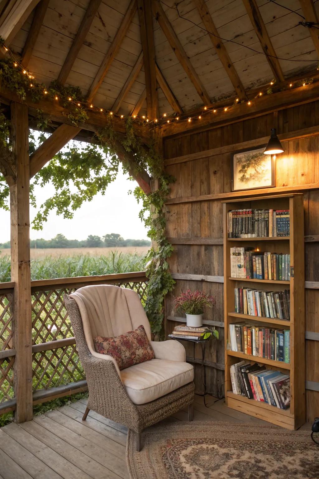 A cozy reading nook invites relaxation in the corn crib gazebo.