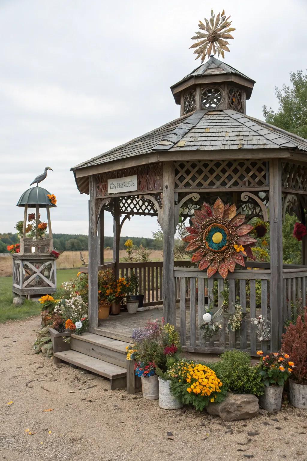 Artistic touches add personality and flair to the gazebo.