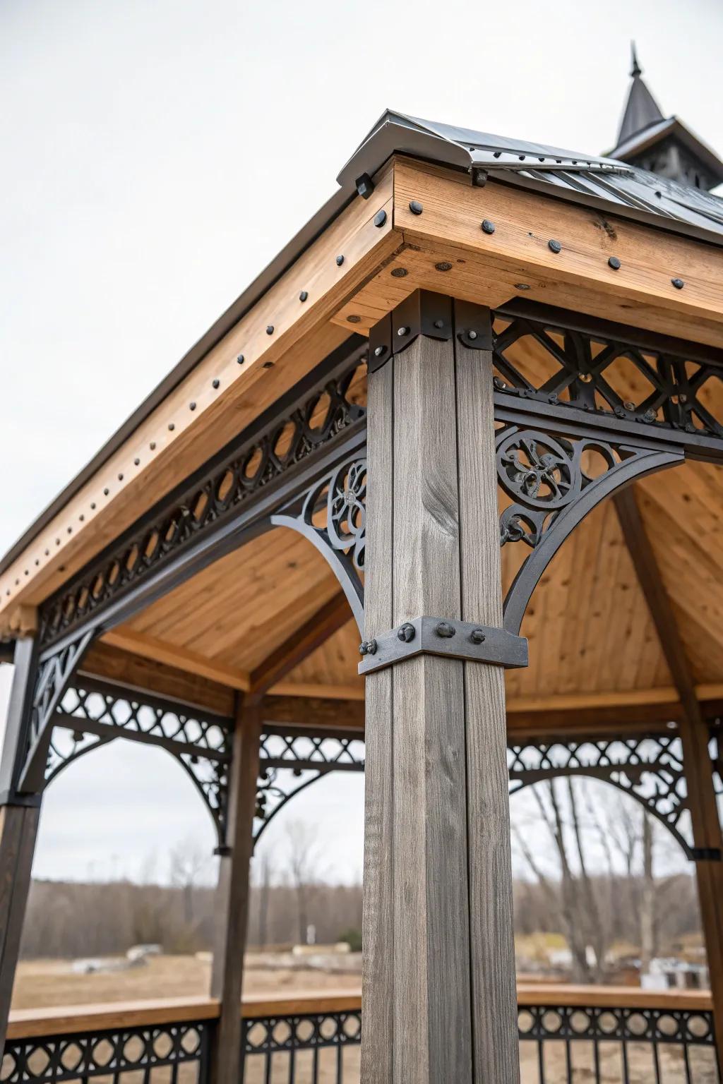 A harmonious blend of steel and wood gives the gazebo a timeless appeal.