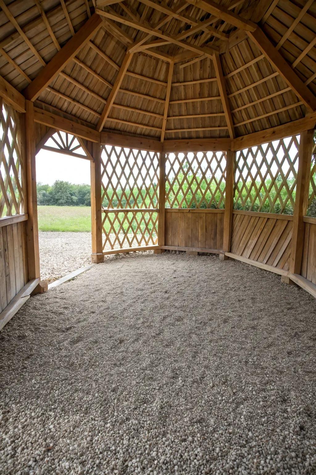 Natural flooring like pea gravel enhances the gazebo's rustic charm.
