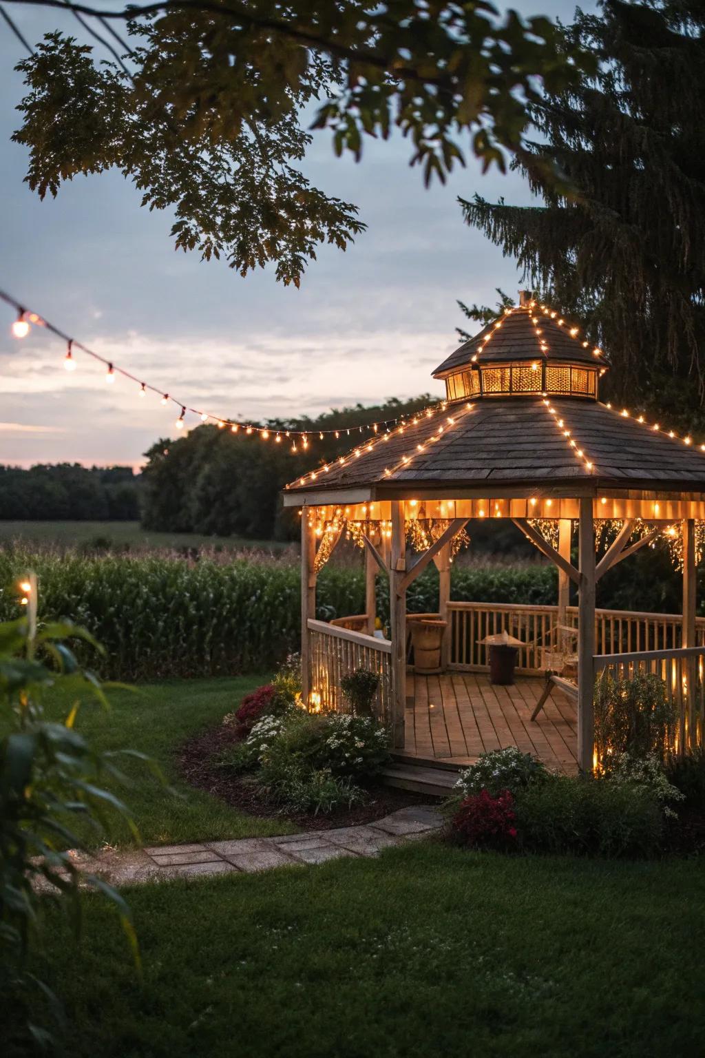 String lights cast a magical glow over the corn crib gazebo.