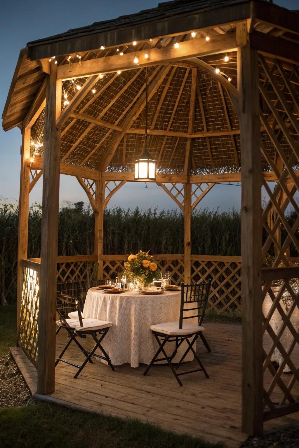 Dine al fresco under the stars in a corn crib gazebo.