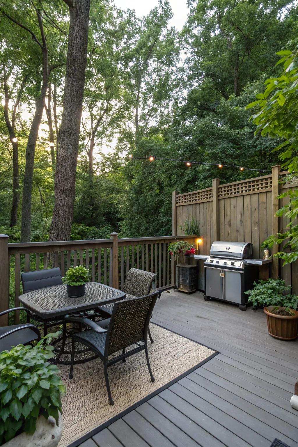 A private and serene grilling deck setup.