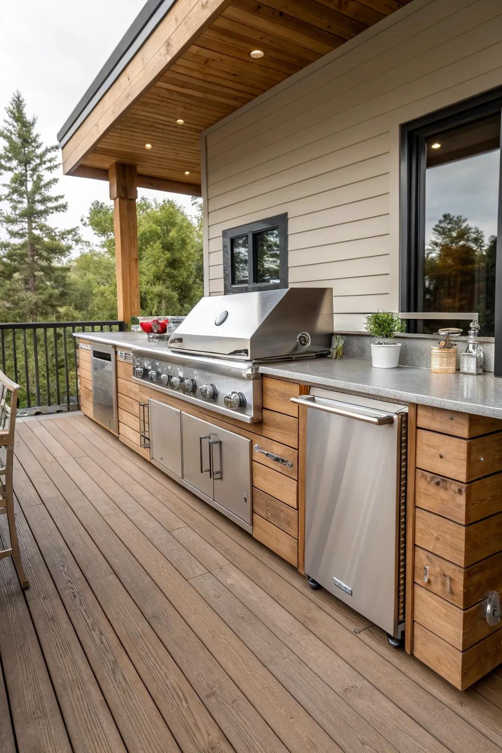 A sleek built-in grill station with stainless steel finish.