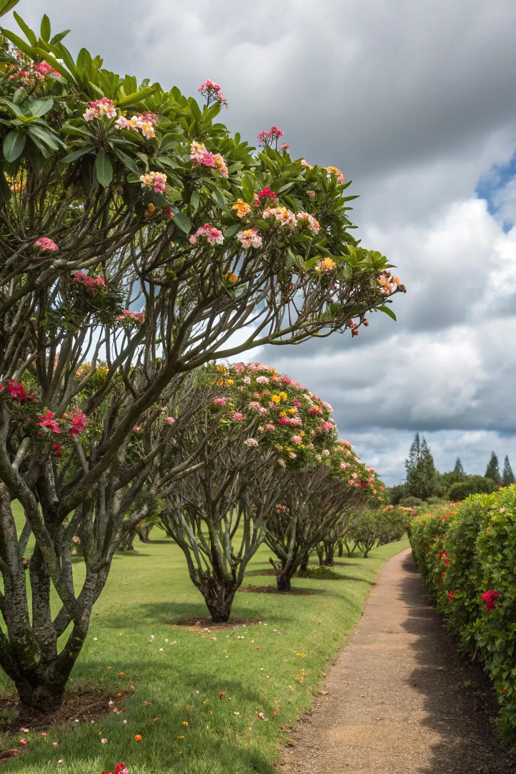 A vibrant and fragrant privacy screen with frangipani trees.