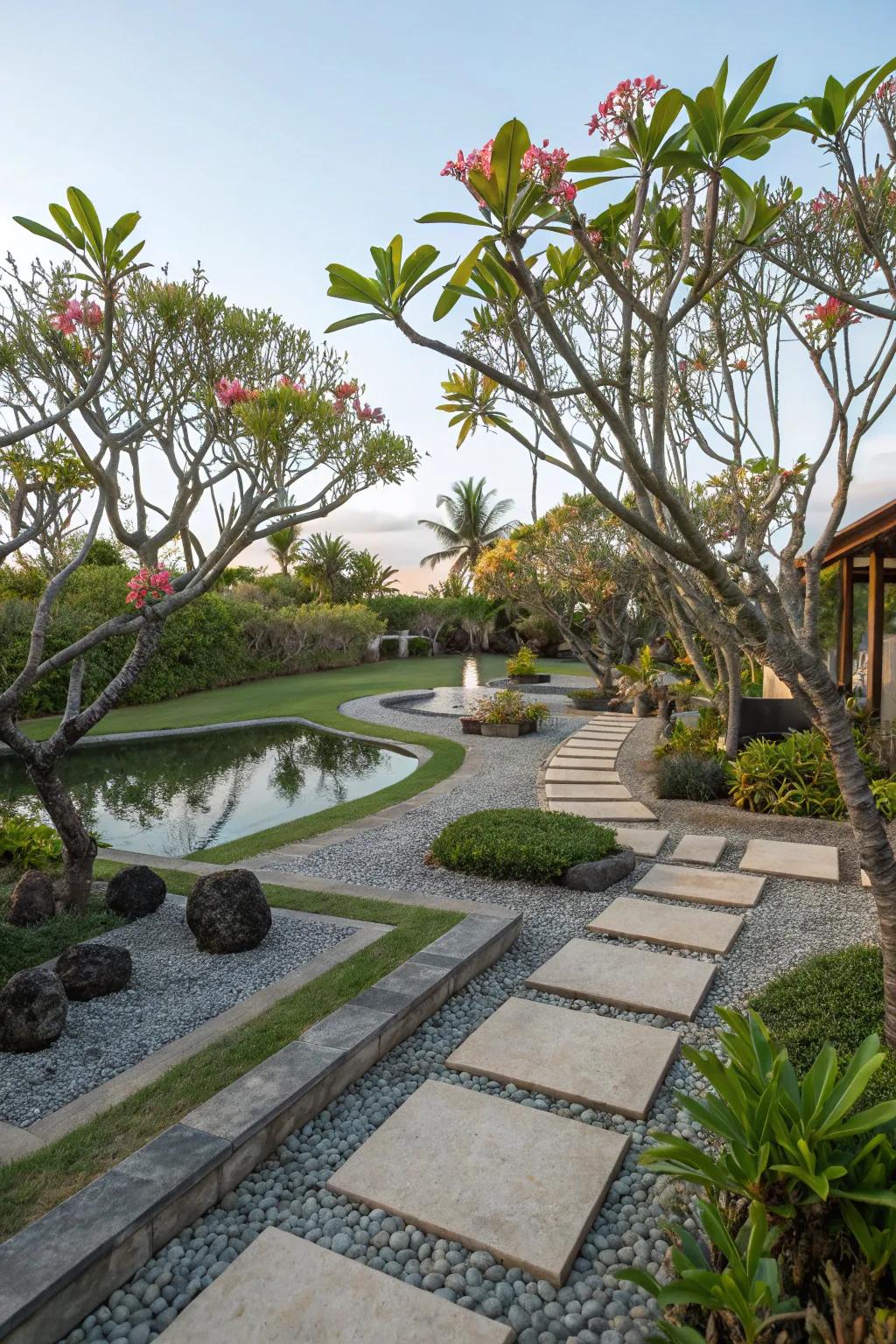 A tranquil Zen garden featuring the serene beauty of frangipani.