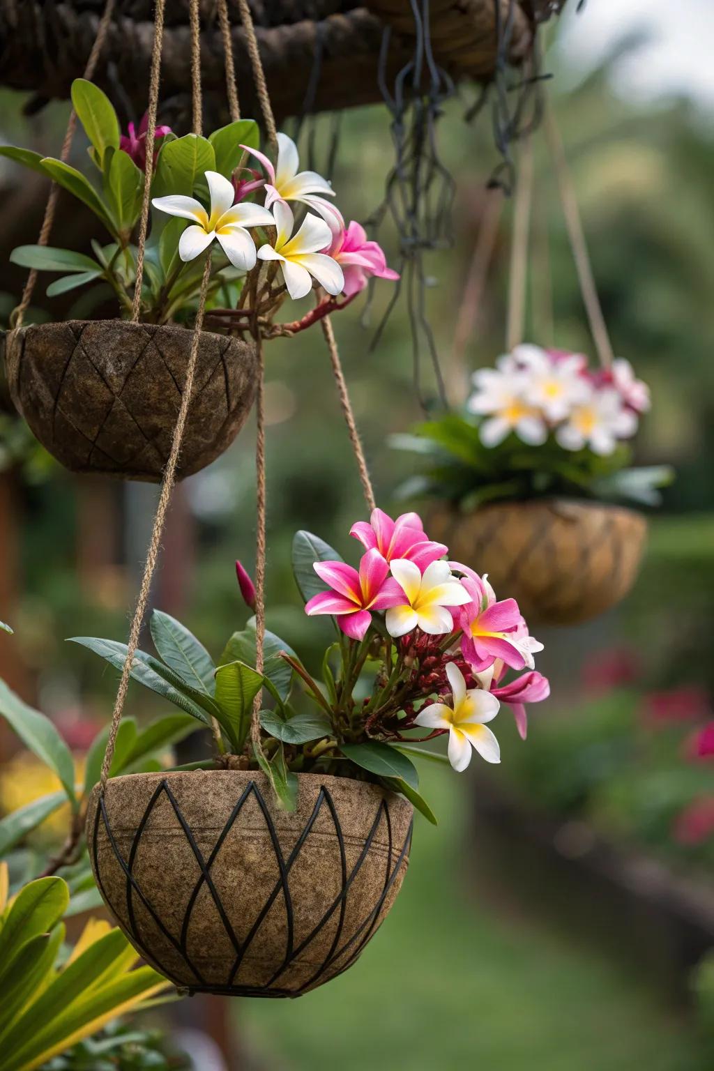 A unique vertical display with hanging frangipani planters.