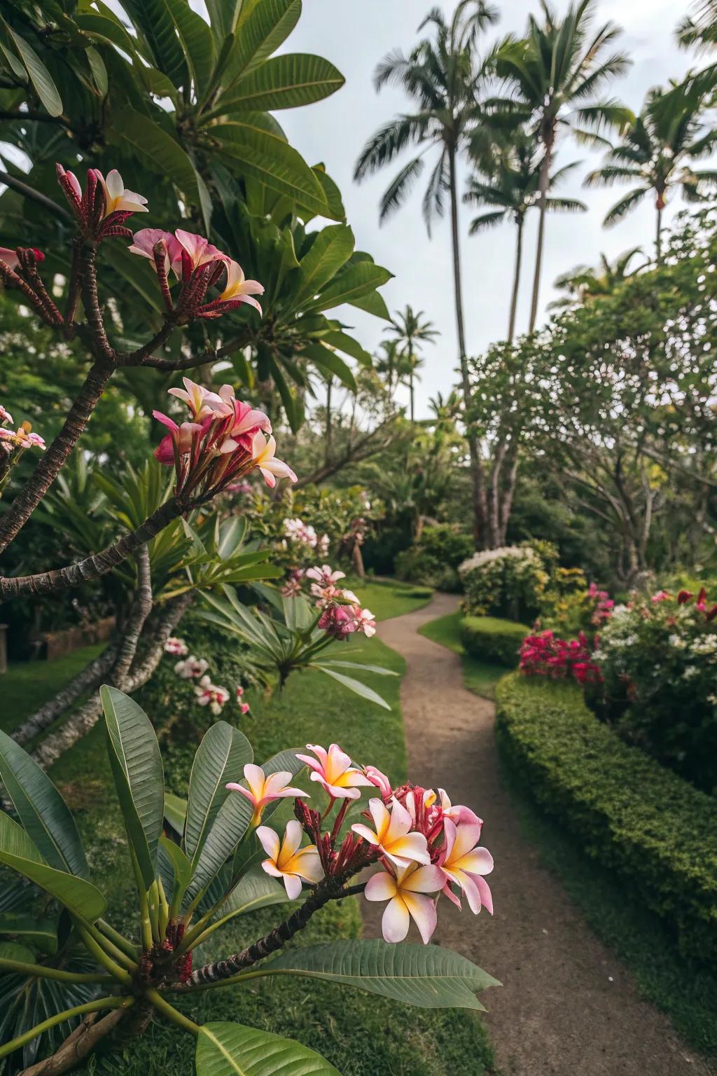 A tropical paradise with frangipani and lush greenery.
