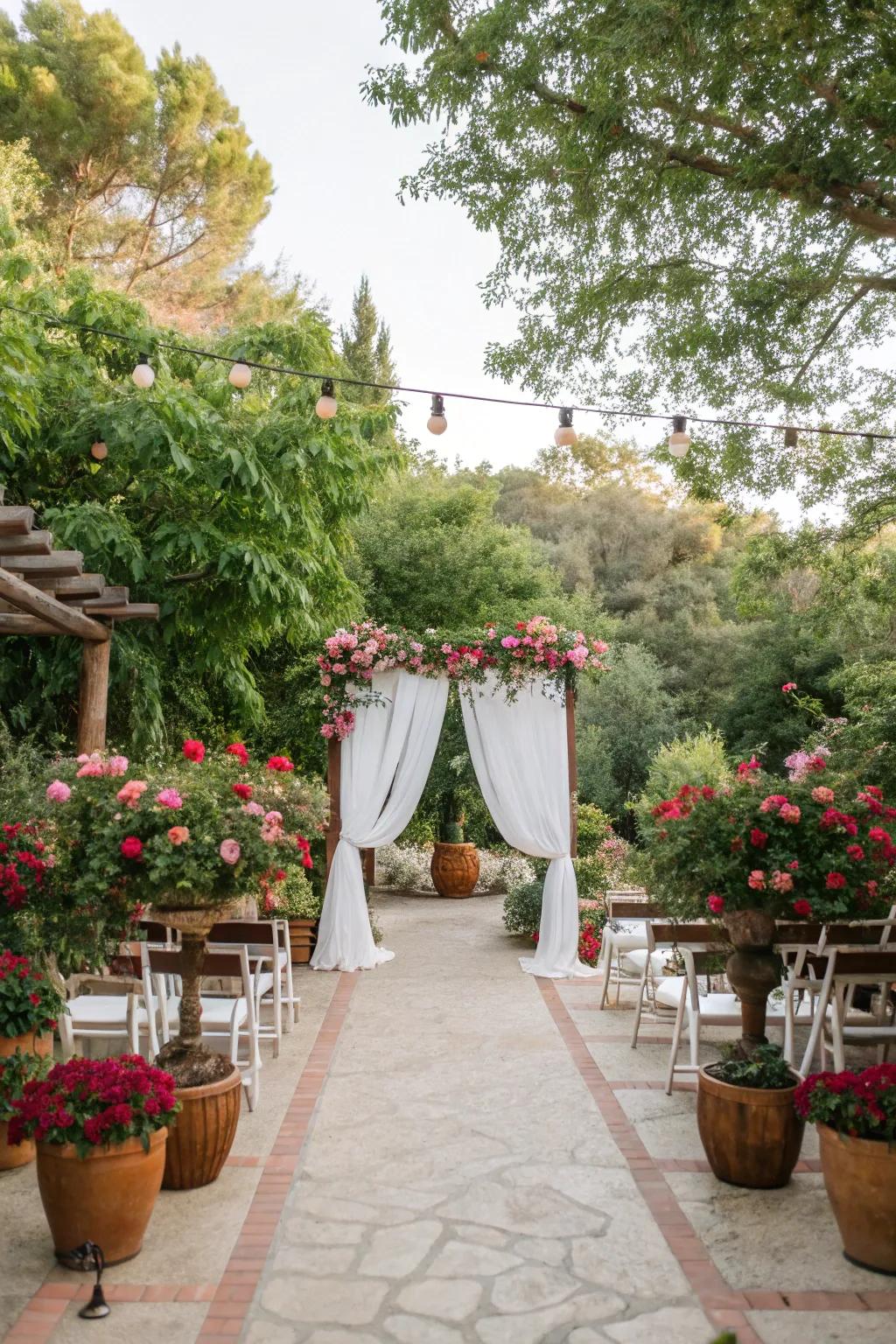 Natural greenery enhancing the beauty of an outdoor wedding setting.