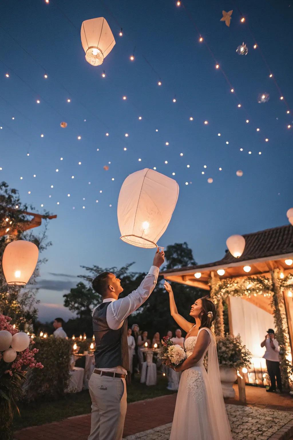 A mesmerizing lantern release creating a magical moment at an outdoor wedding.