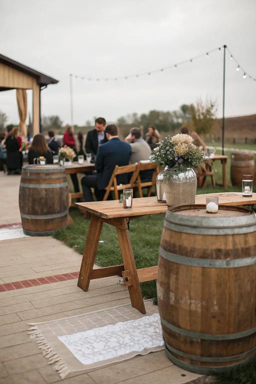 A DIY flower bar allowing guests to craft their own bouquets at an outdoor wedding.