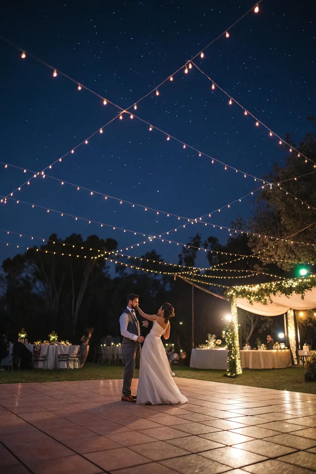 A lively dance floor inviting guests to celebrate under the stars at an outdoor wedding.