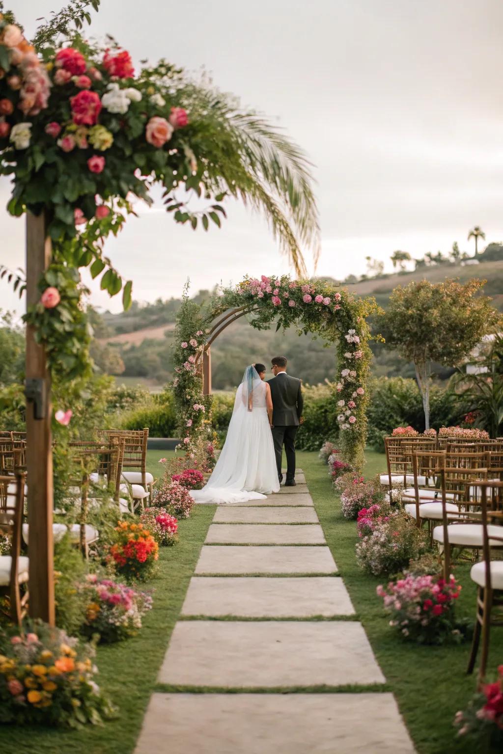 A vibrant garden-themed setting enhancing the beauty of an outdoor wedding.
