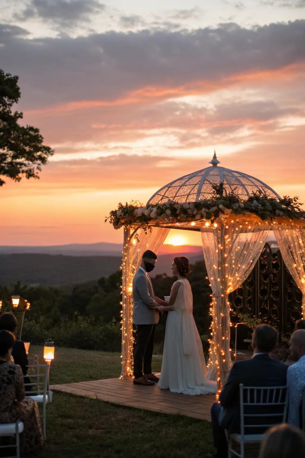 A romantic sunset ceremony offering a stunning natural backdrop at an outdoor wedding.