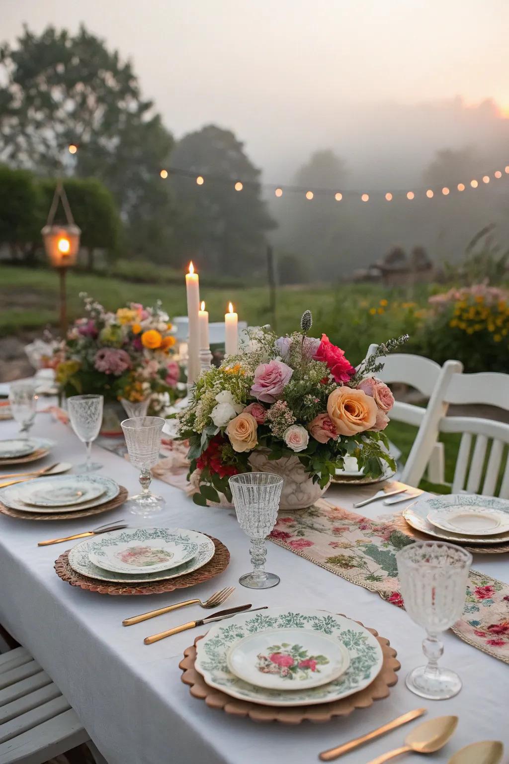 An elegant table setup creating a refined dining experience at an outdoor wedding.