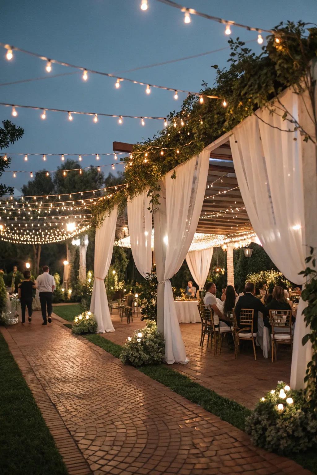 String lights casting a warm, magical glow over an outdoor wedding venue.
