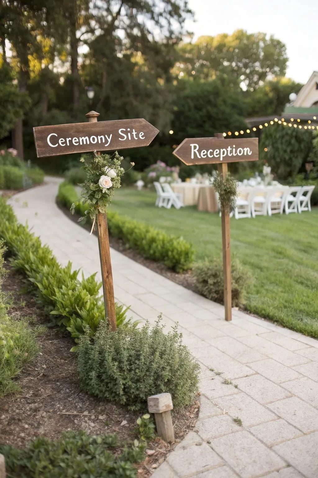 Handcrafted signs adding a personal touch to an outdoor wedding.