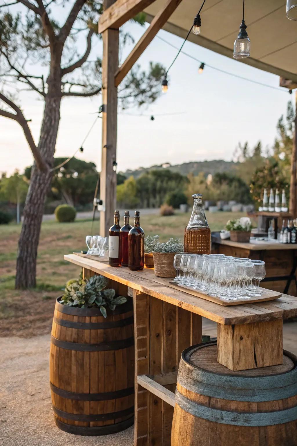 A rustic drink station offering refreshing beverages at an outdoor wedding.