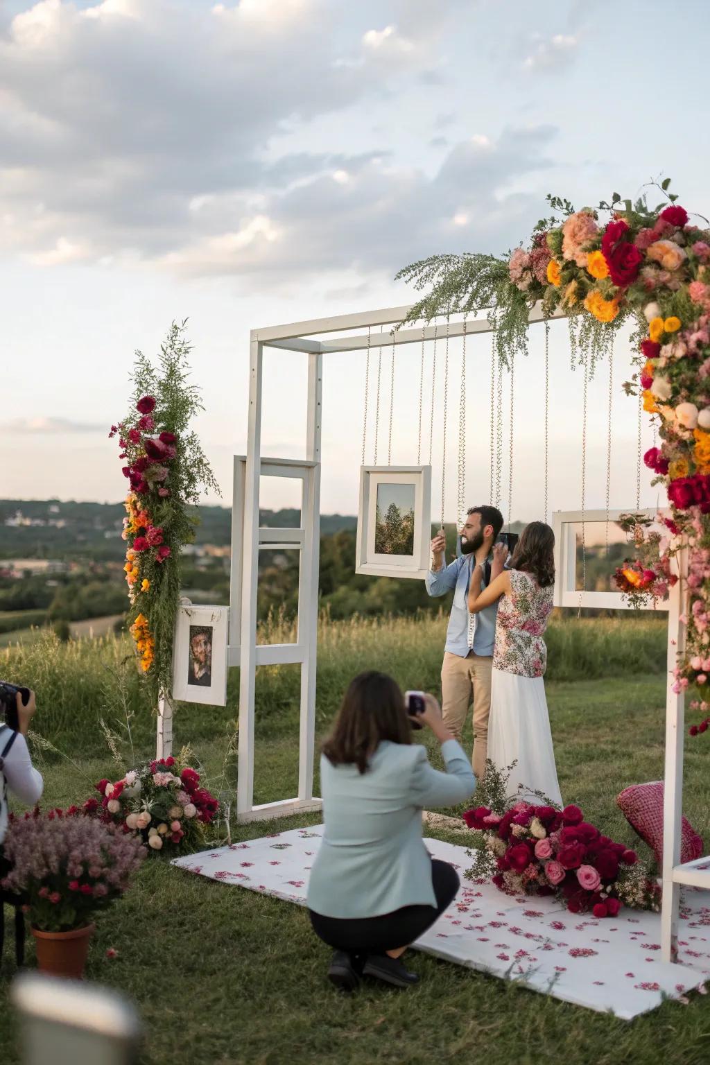 A unique photo booth setup offering a fun photo opportunity at an outdoor wedding.