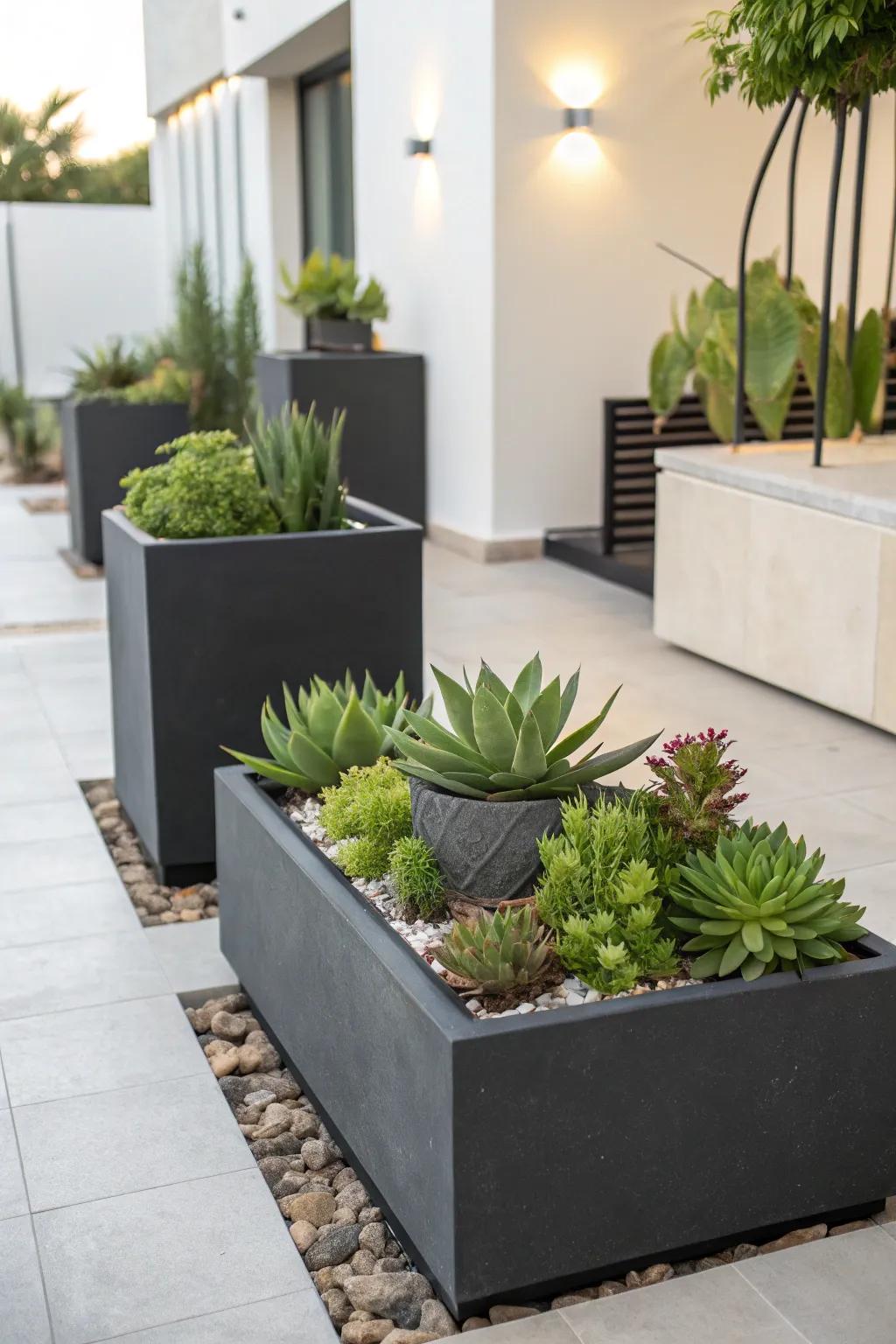 Modern patio featuring sleek rectangular planters for a contemporary feel.