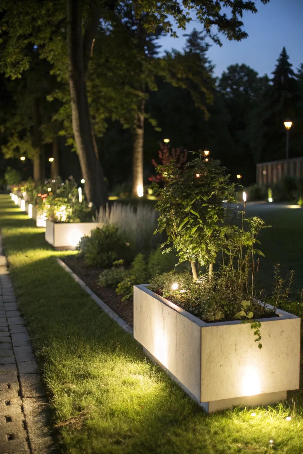 Garden illuminated by planters with built-in lighting.