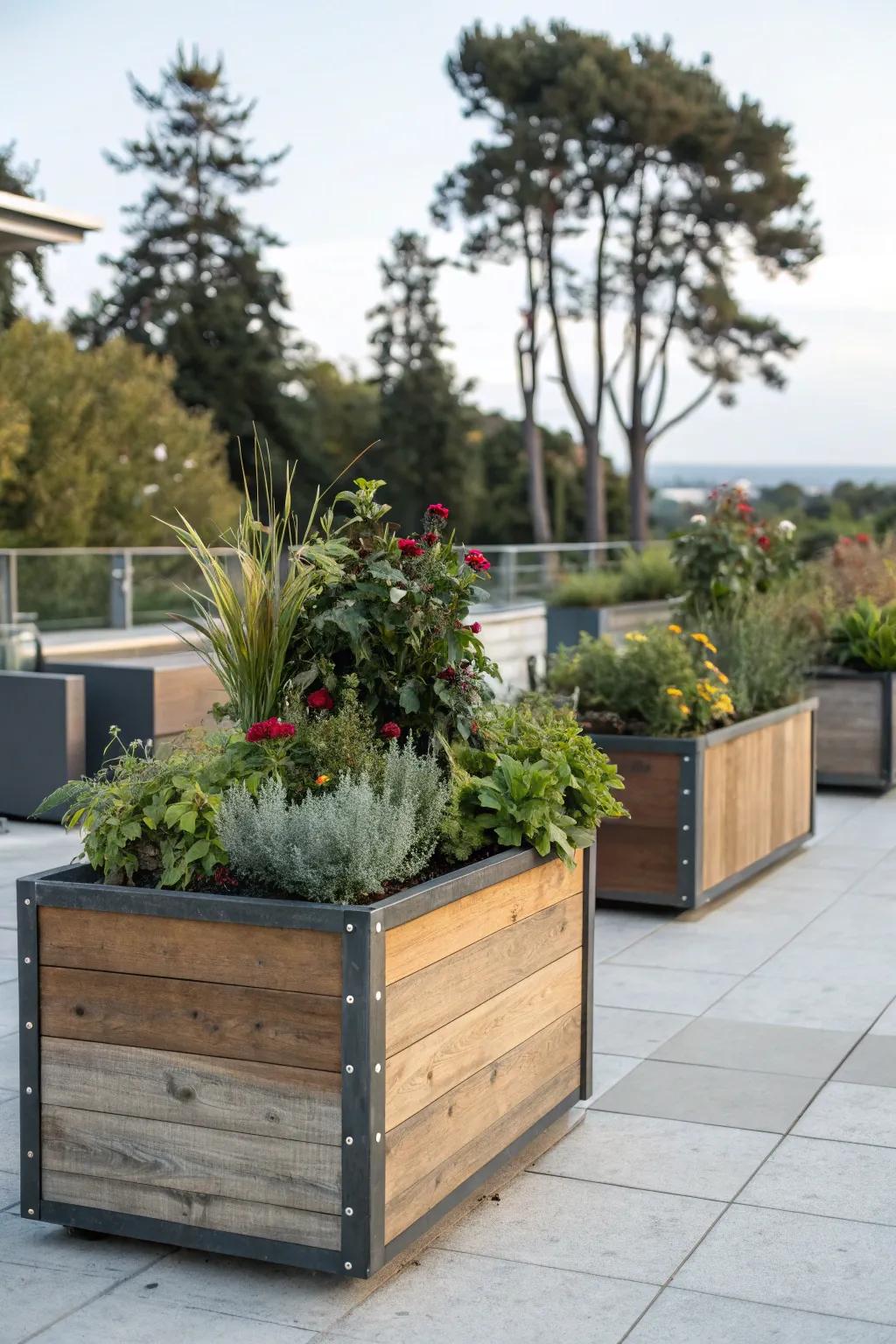 Character-filled space with mixed-material planters.