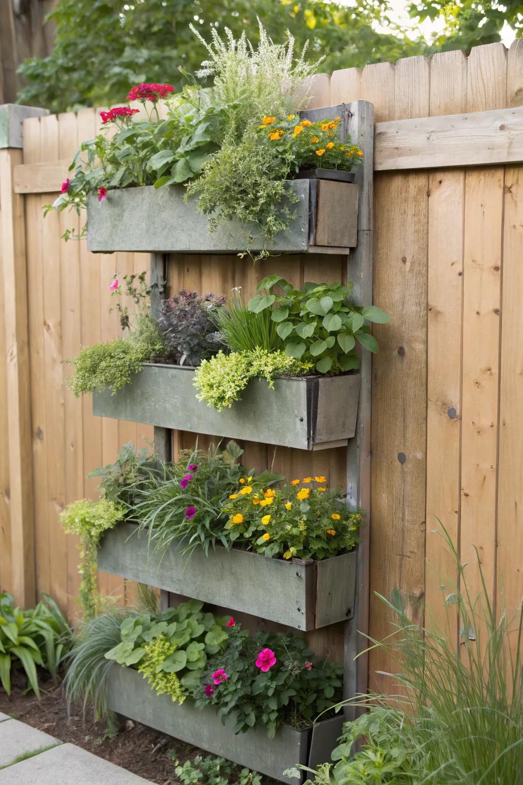 Vertical garden showcasing stacked planters for maximum greenery.