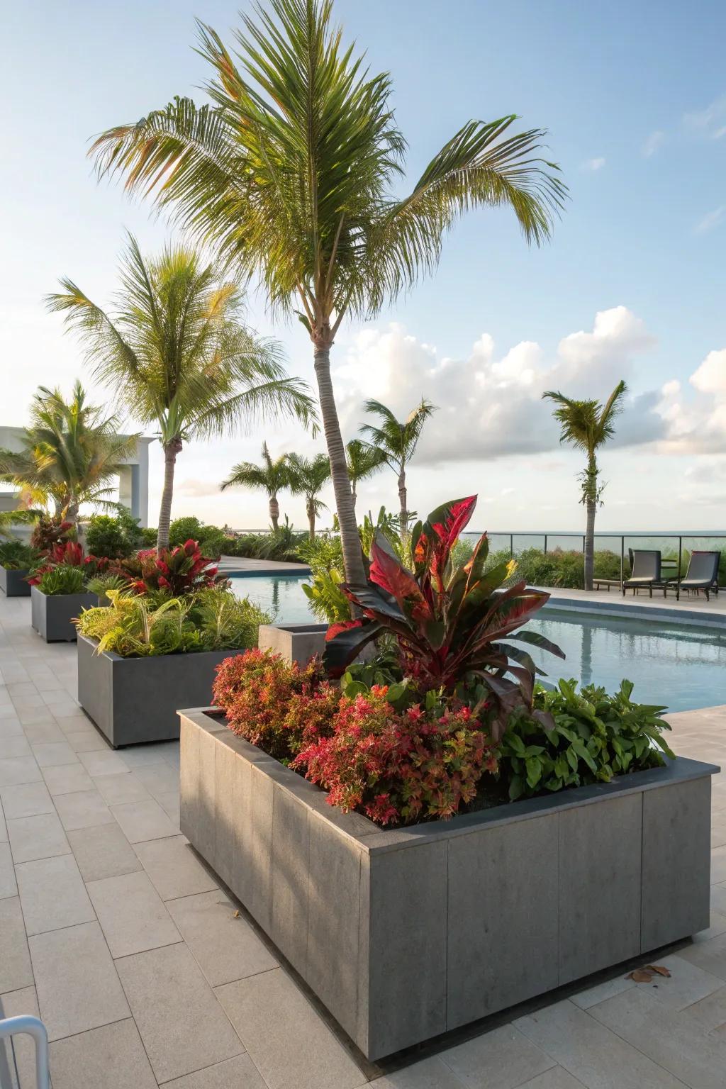 Poolside paradise enhanced by tropical planter displays.