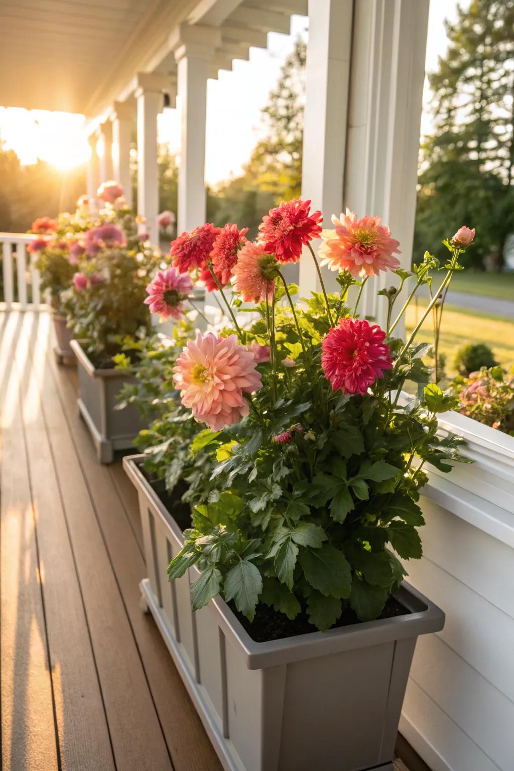 Planters with built-in reservoirs housing dinner plate dahlias on a sunny porch.