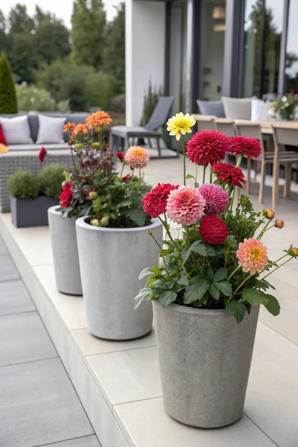 Minimalist gray pots showcasing colorful dinner plate dahlias on a modern patio.