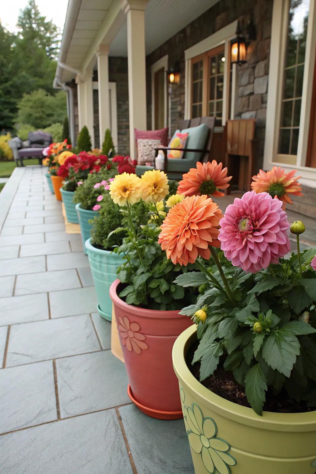 Array of pots with dinner plate dahlias lining a welcoming patio entrance.